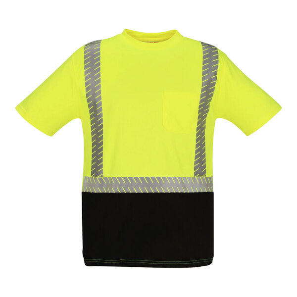 A yellow Tingley short sleeve safety shirt with a black front panel.