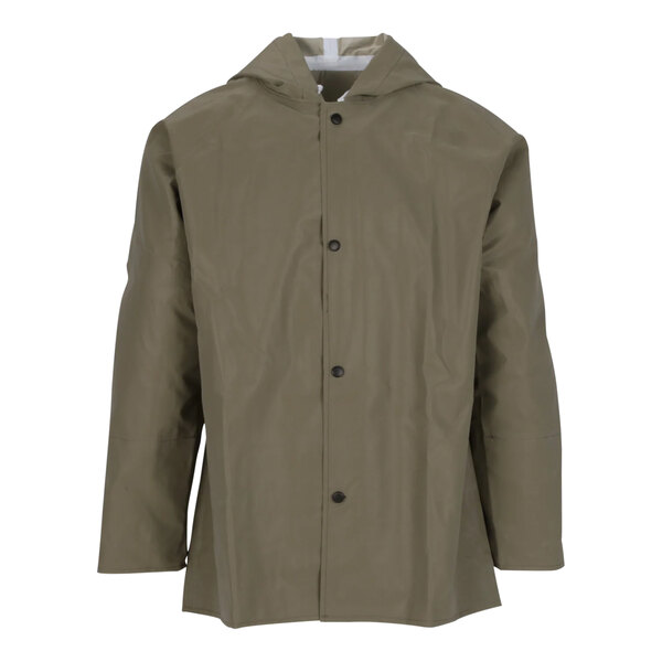 A green Tingley Magnaprene industrial work jacket with a hood.