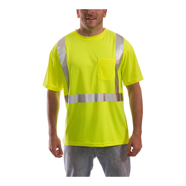 A man wearing a Tingley hi-vis lime yellow safety shirt.