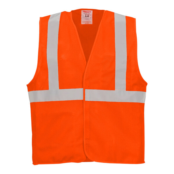 A Tingley orange safety vest with white reflective stripes and hook and loop closure.