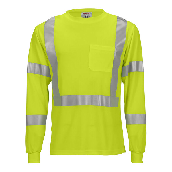 A yellow long sleeved Tingley safety shirt with reflective stripes.