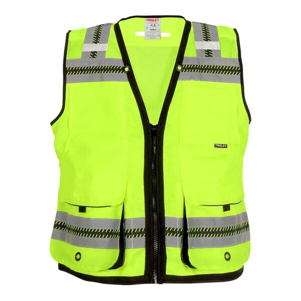 A yellow Tingley safety vest with reflective tape and black stripes.