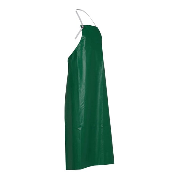 A green apron with white straps.