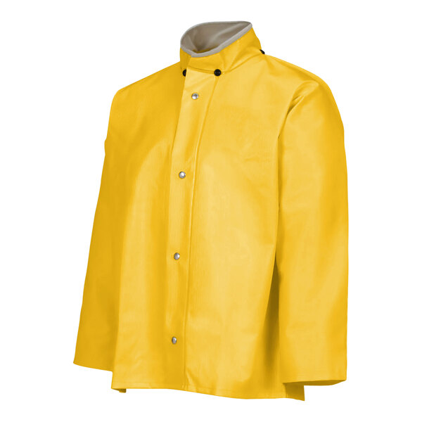 A yellow Tingley Webdri industrial rain jacket with buttons and a collar on a mannequin.