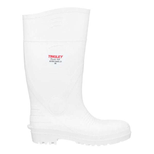 A white Tingley Pilot G2 knee boot with a logo on the toe.