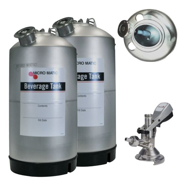 A Micro Matic Americano beverage tapping kit with two stainless steel beverage tanks.