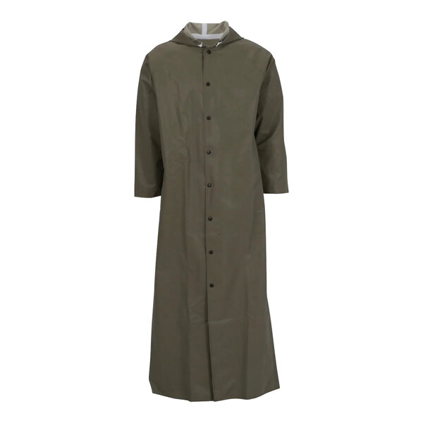 A Tingley olive drab Magnaprene rain coat with a hood.