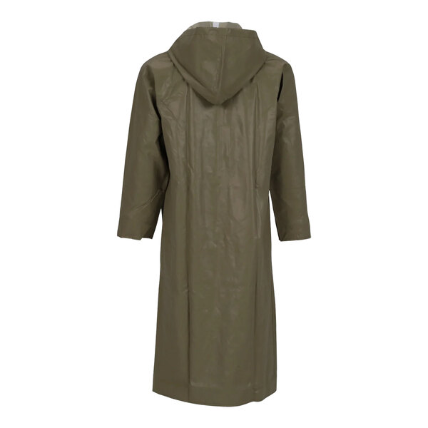 A Tingley olive drab Magnaprene mid-length rain coat with a hood.