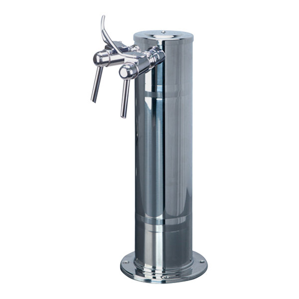 A silver metal Micro Matic tap tower with two faucets.