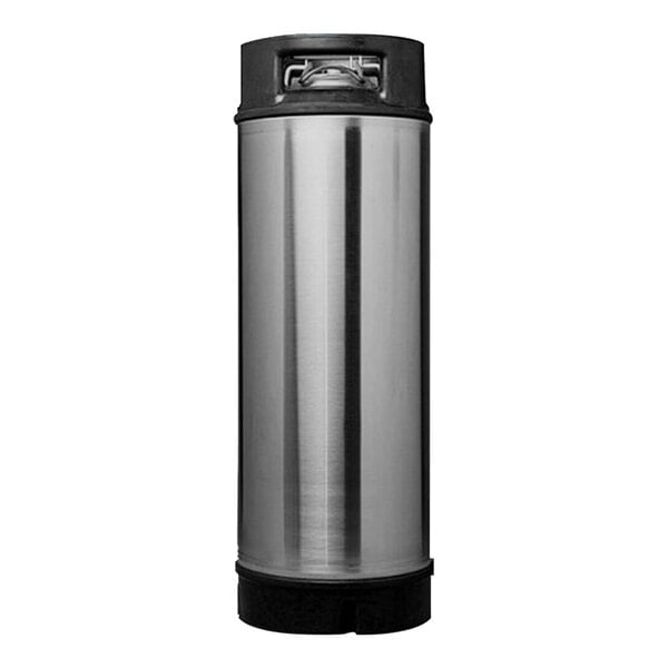 A stainless steel Micro Matic 5 gallon Corny keg with a black and silver ball lock lid.