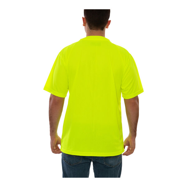 A man wearing a Tingley hi-vis lime yellow short sleeve safety shirt.