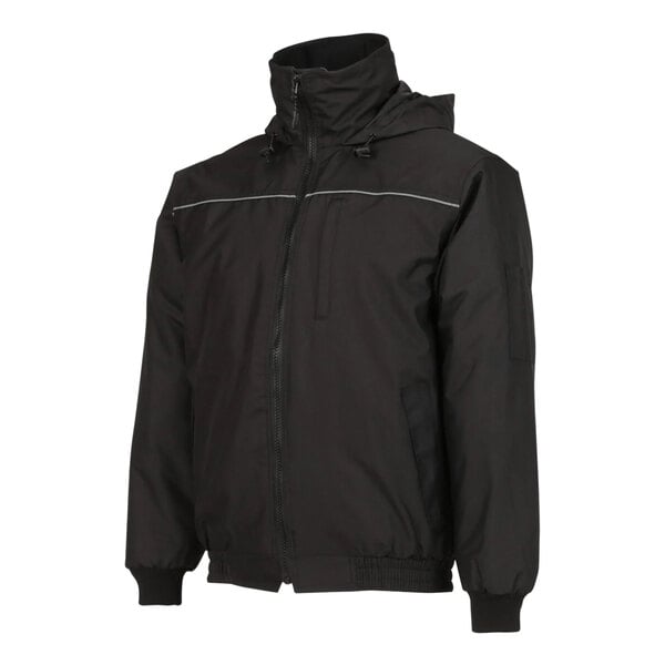 A black Tingley insulated bomber jacket with a hood and zipper.