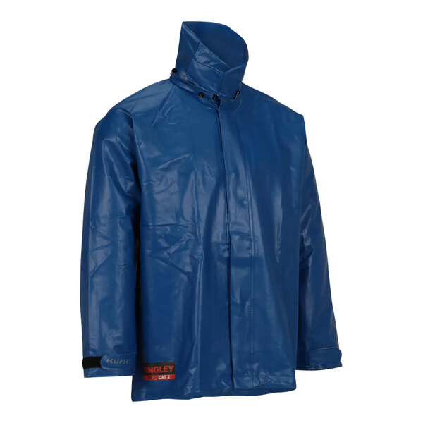 A blue Tingley Eclipse industrial rain jacket with a hood.