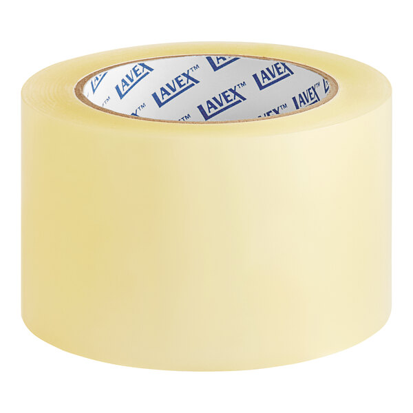 A roll of Lavex clear tape with blue and white text on a white background.