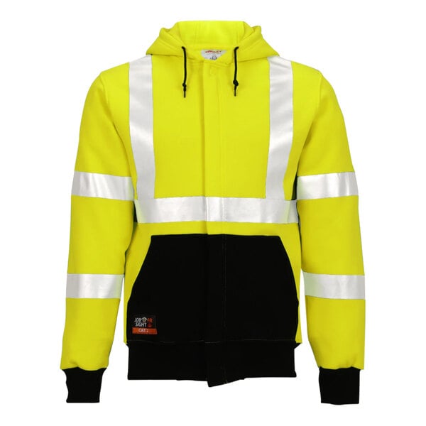 A yellow and black Tingley Job Sight flame-resistant zip-up sweatshirt with reflective stripes.