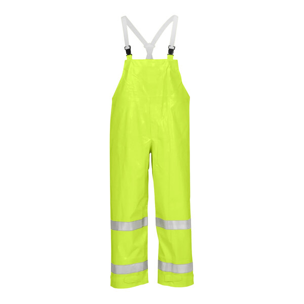 A yellow Tingley Comfort-Brite rain overalls with reflective stripes.