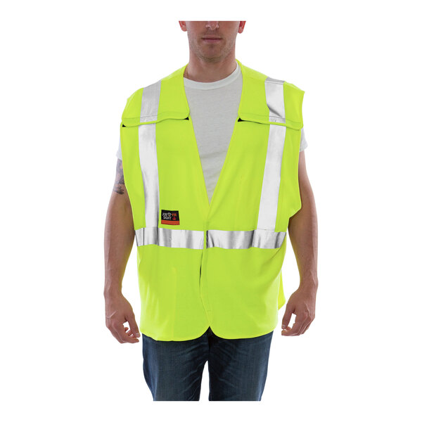 A man wearing a Tingley Hi-Vis yellow safety vest.
