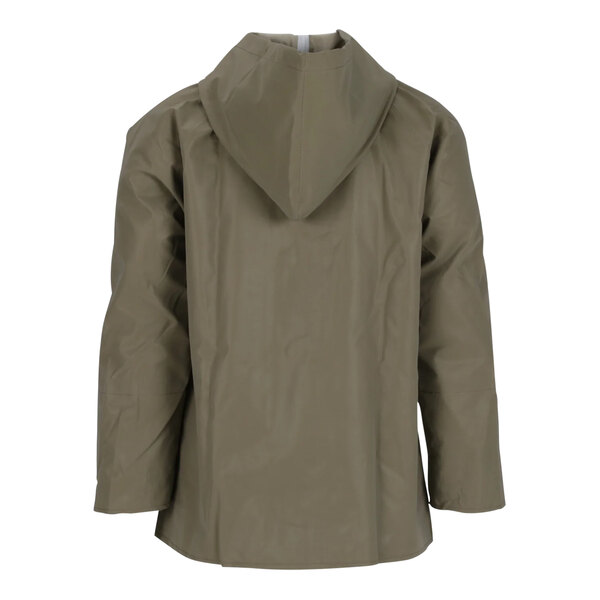A back view of a Tingley Magnaprene olive green nylon jacket with a hood.