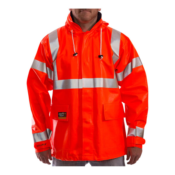 A man wearing a Tingley orange Hi-Vis jacket with reflective stripes.