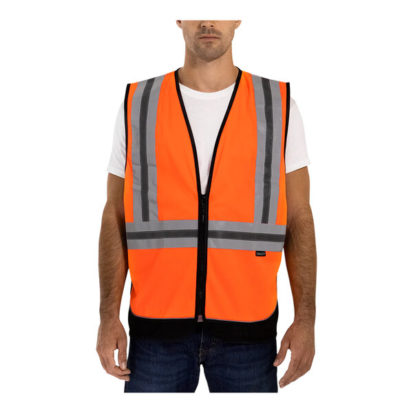 A man wearing a Tingley hi-vis orange safety vest with reflective stripes.