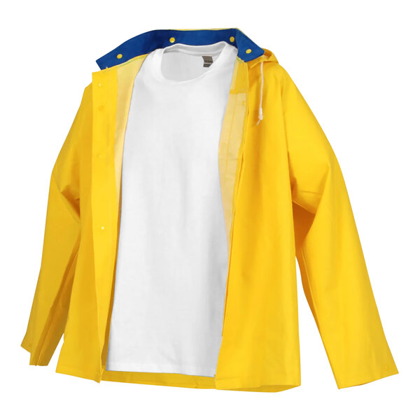 A yellow industrial work rain jacket with a white hood.
