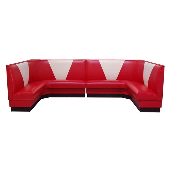 An American Tables & Seating red and white 3/4 circle V shape back corner booth.