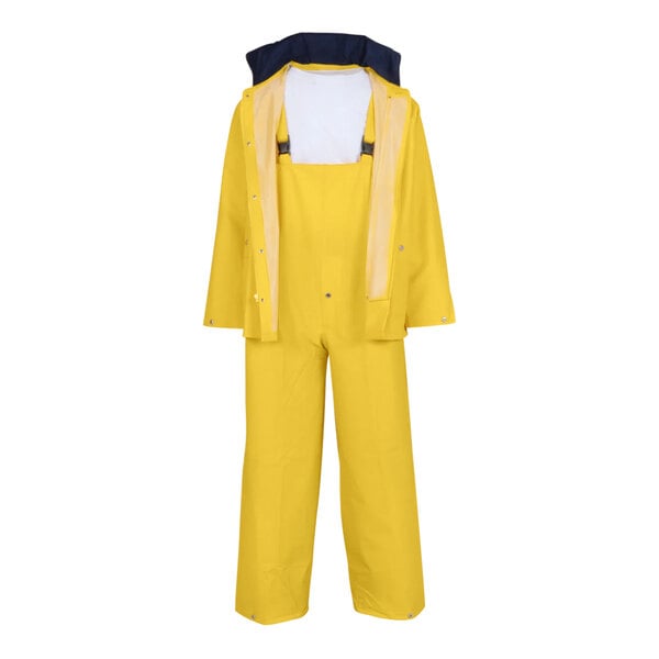 A yellow Tingley rainsuit with a hood and two pockets.