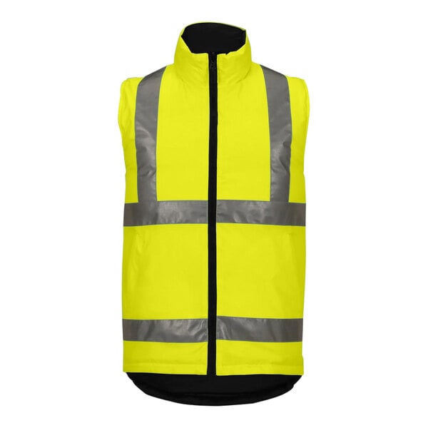 A Tingley yellow and black reversible insulated vest with reflective stripes.