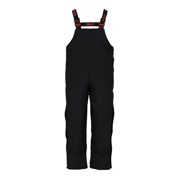 Tingley black insulated overalls with red straps.
