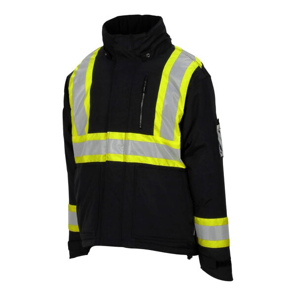 A black and yellow Tingley Cold Gear Type O Class 1 insulated jacket with reflective stripes.
