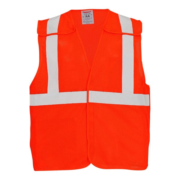 A close up of a Tingley hi-vis orange safety vest with white reflective stripes.