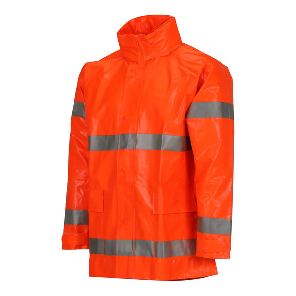 A Tingley orange rain jacket with reflective stripes.