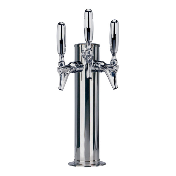 A polished stainless steel Micro Matic 3-tap kombucha tower.