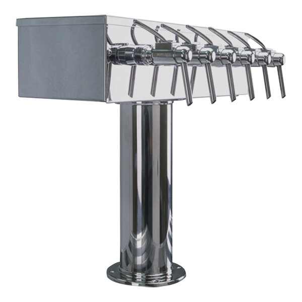 A polished stainless steel Micro Matic "T" style beer tap with six spouts.