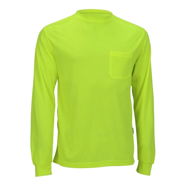 A close up of a Tingley lime green long sleeve safety shirt with a pocket.