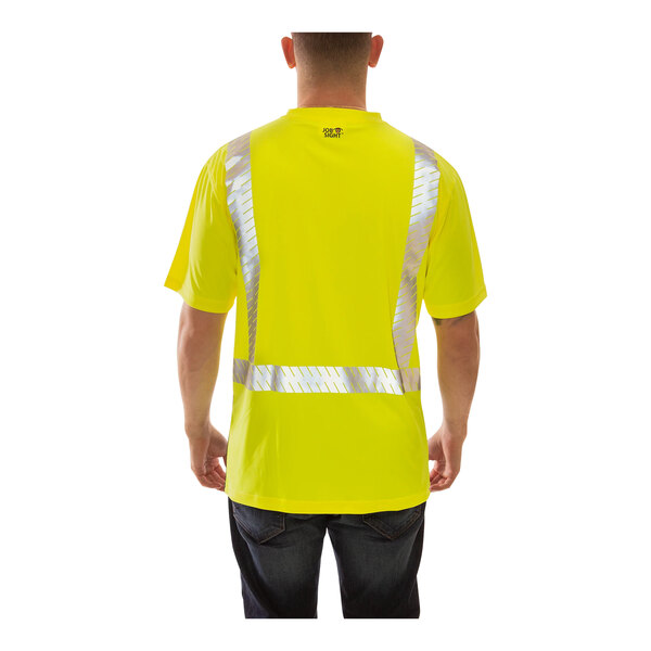 A man wearing a Tingley yellow short sleeve safety shirt with black front panel and reflective stripes.