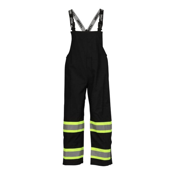 Tingley black overalls with yellow reflective stripes.