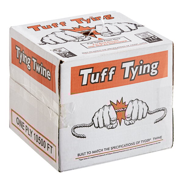 A white box with orange and black text reading "1-Ply Polypropylene Industrial Twine 10 lb. Spool - 10,500' / Carton"