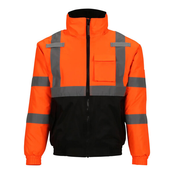 An orange Tingley Bomber II jacket with black panels and reflective stripes.