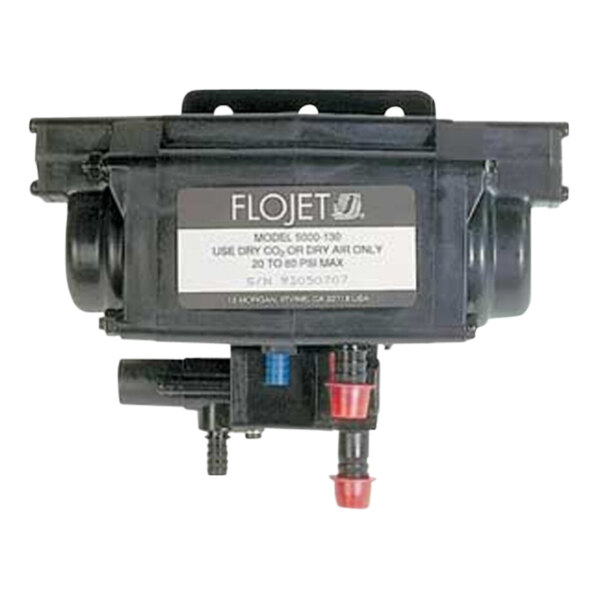 A black Micro Matic Flojet beverage pump with red and blue plastic fittings.