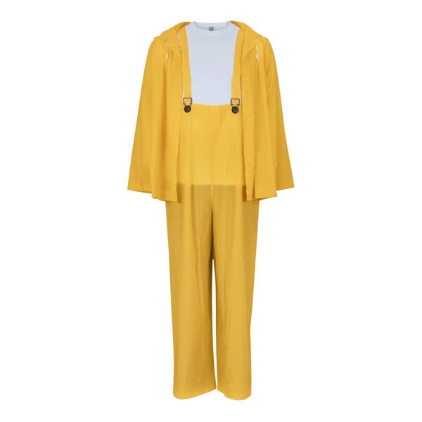 A yellow rainsuit with white pants and a white jacket, with suspenders.