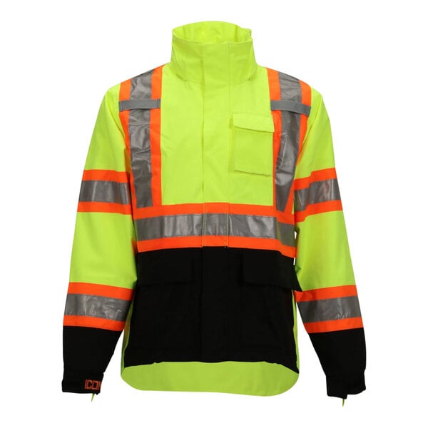 A lime green Tingley Icon safety jacket with black panels and orange reflective stripes and tape.