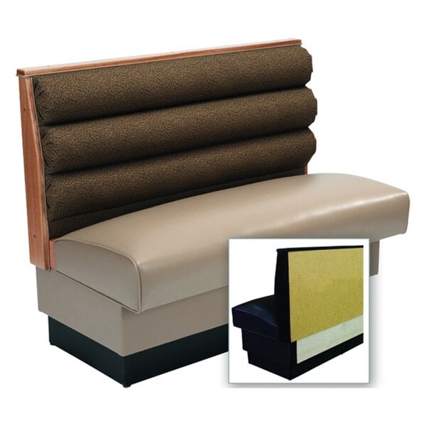 A close-up of an American Tables & Seating horizontal channel back wall bench with a brown and tan cushion.