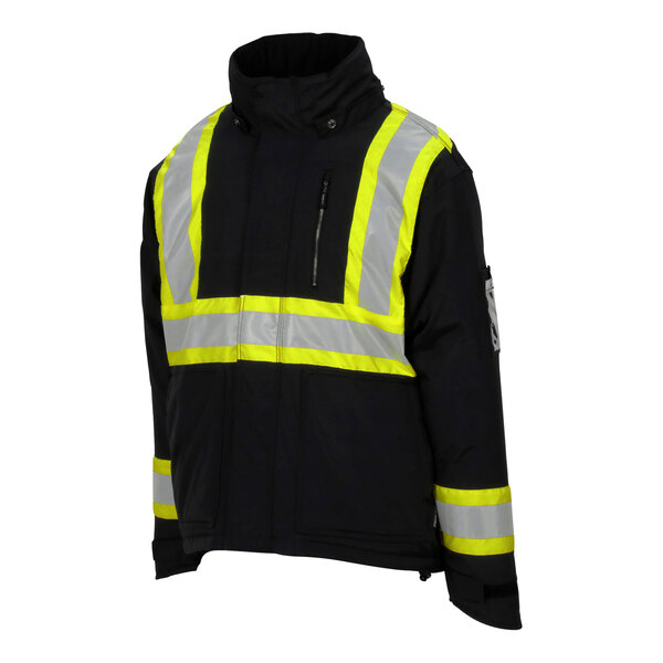 A black Tingley Cold Gear jacket with yellow and reflective stripes.