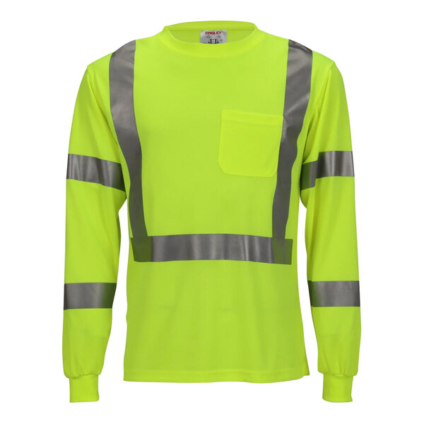 A Tingley hi-vis lime long sleeve safety shirt with reflective stripes.