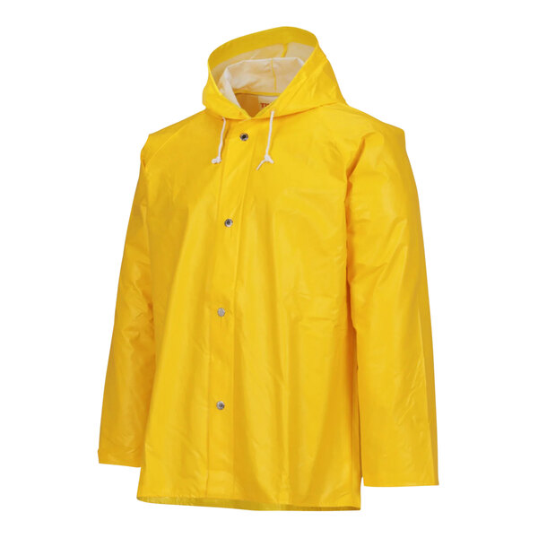 A close up of a yellow Tingley American rain jacket with white strings and a white collar.