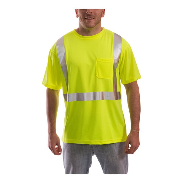 A man wearing a Tingley hi-vis lime short sleeve safety shirt.