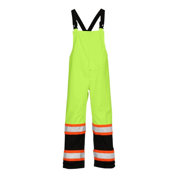Tingley lime green overalls with black cuffs and reflective stripes on the bib.