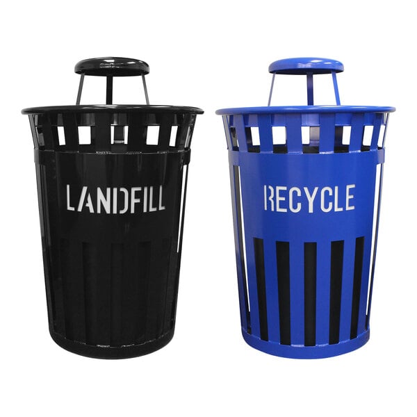 An Oakley Eco outdoor recycle station with two black and blue trash cans and a blue recycle bin with white text.