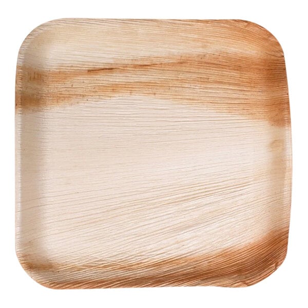 A square VerTerra palm leaf plate with a palm leaf pattern.